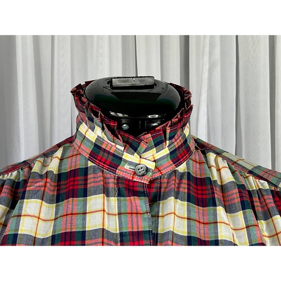 button up blouse ruffle collar plaid red green cream - Picture 2 of 12